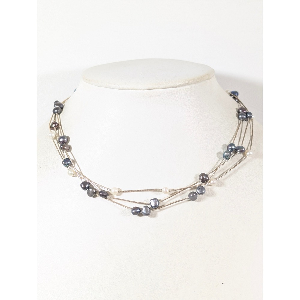 Artisan Sterling Silver White Gray Pearl Triple Strand Necklace 16 Inch